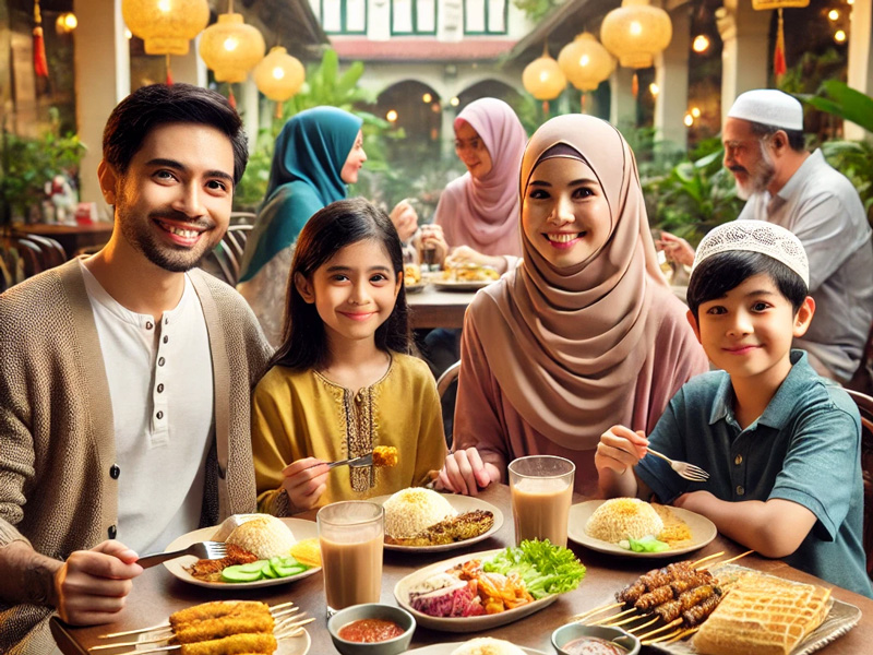 Muslim family enjoying a meal at a halal restaurant