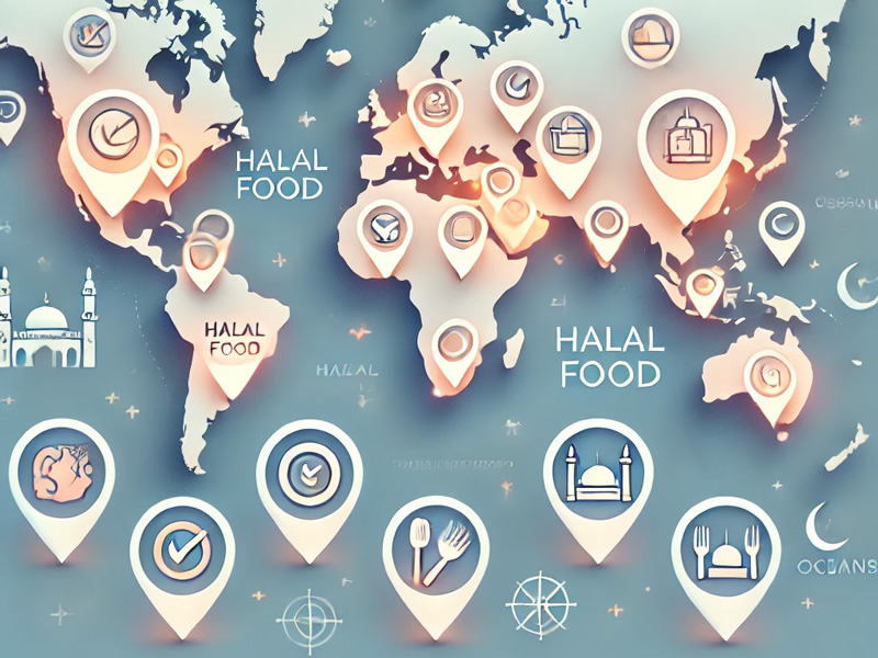 World map with highlighted cities featuring halal food guides