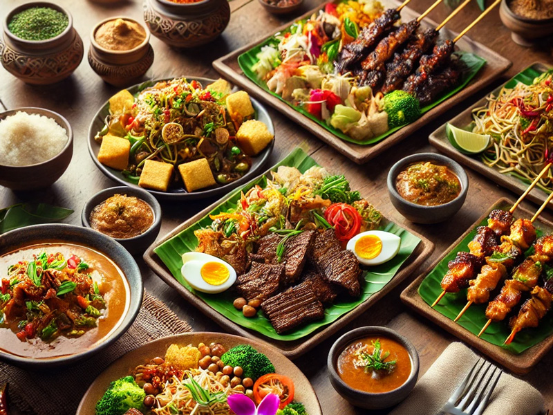 Selection of Indonesian dishes including rendang, satay, and gado-gado